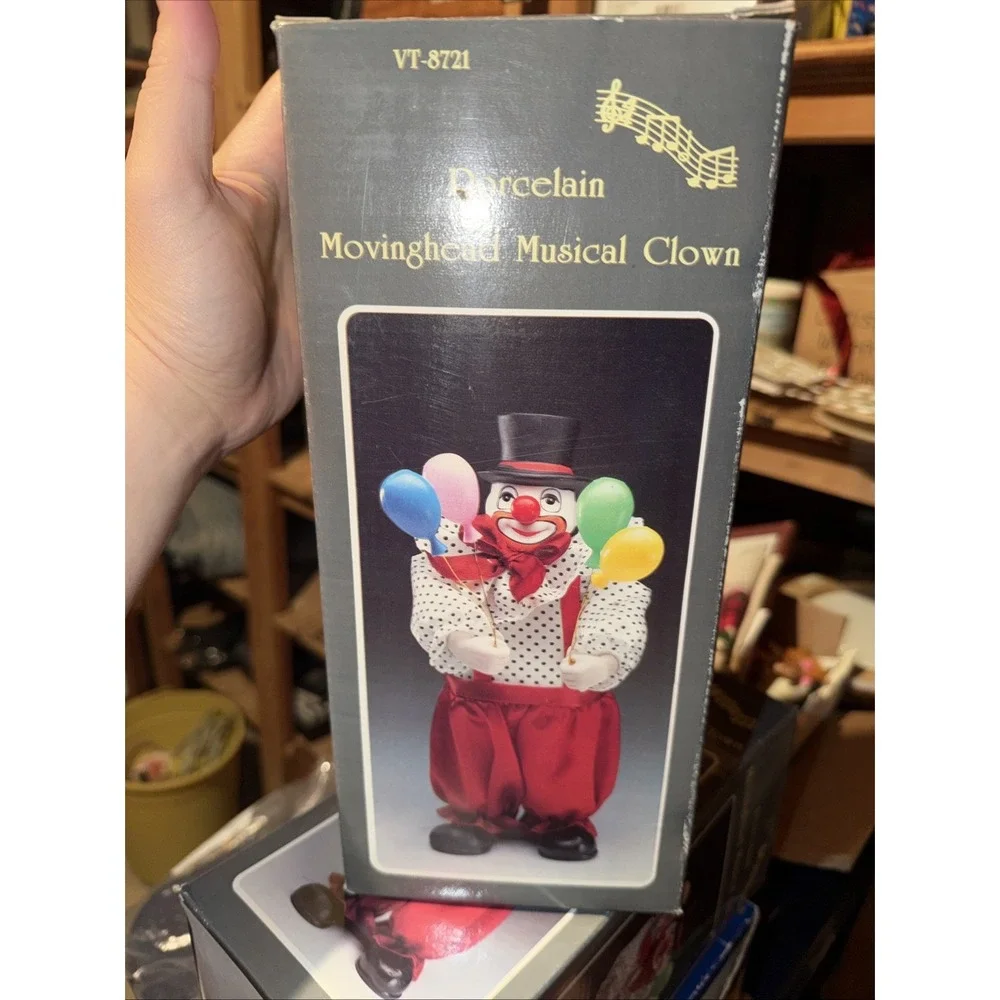 New!! Vintage w /Tag PORCELAIN Wind up Animated Musical Clown Balloons TOY